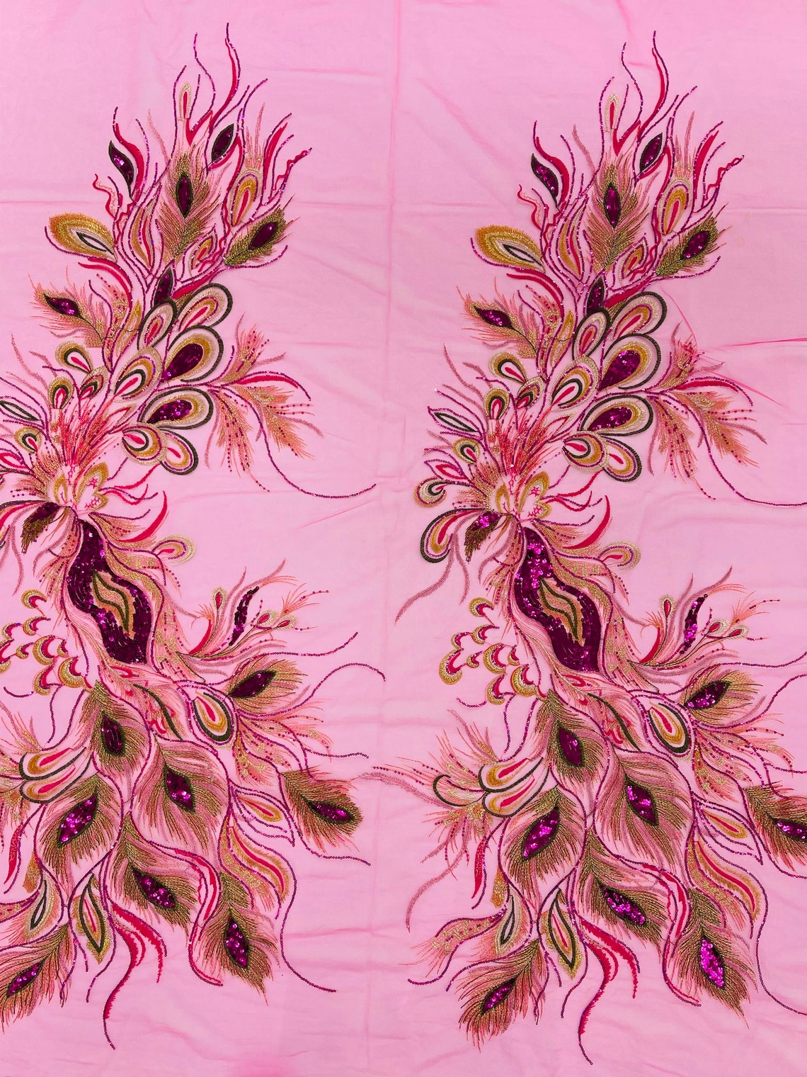 PEACOCK - Feathers Multi Color Embroider Shiny Sequins on a Mesh-Nightgown-Sold By 2 Panels. - FUCHSIA/GOLD - For Bridal Weddings Prom & Quinceanera