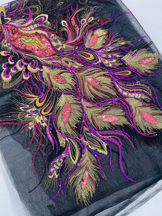 PEACOCK - Feathers Multi Color Embroider Shiny Sequins on a Mesh-Nightgown-Sold By 2 Panels. - FUCHSIA/BLACK - For Bridal Weddings Prom & Quinceanera