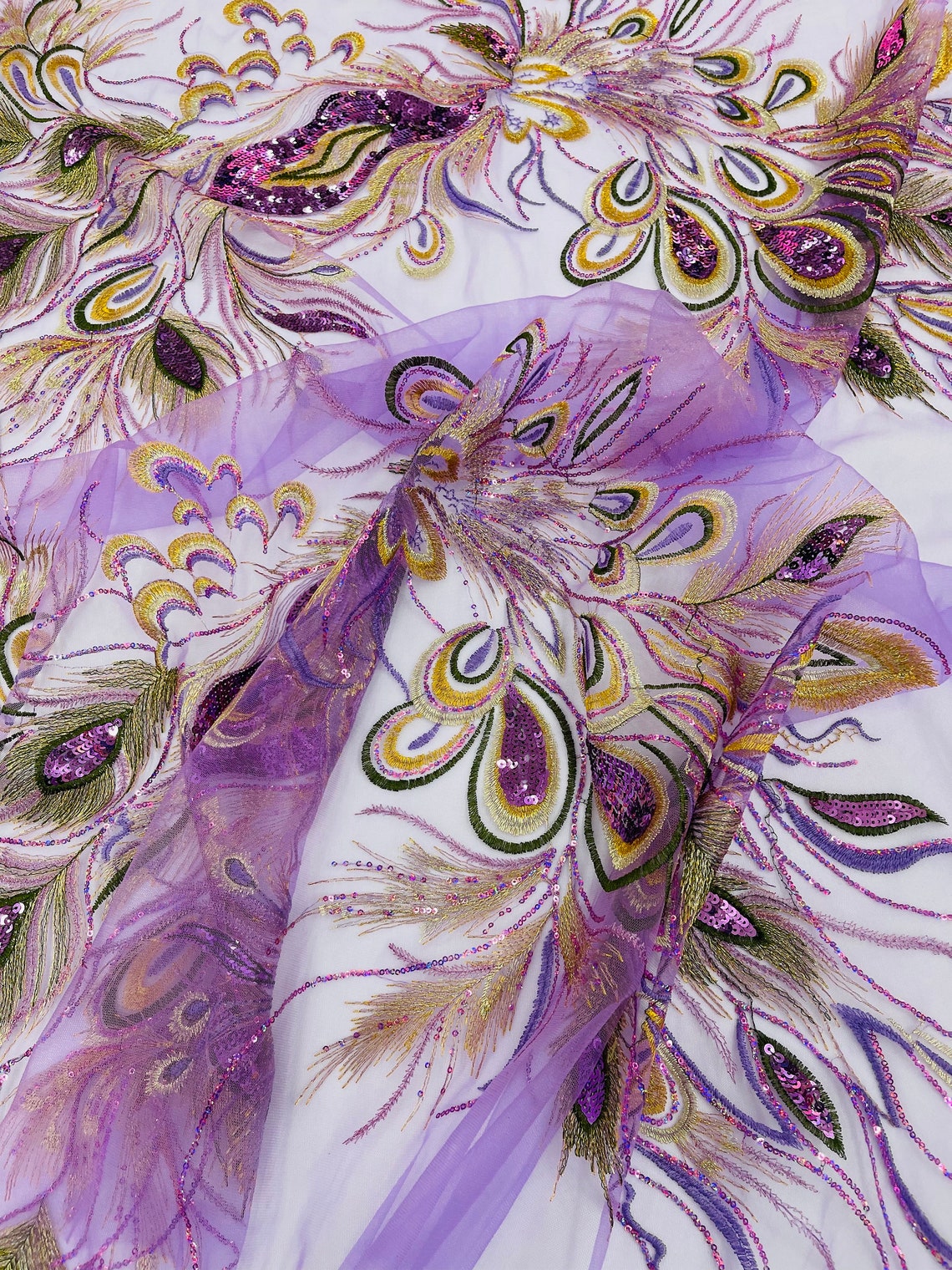 PEACOCK - Feathers Multi Color Embroider Shiny Sequins on a Mesh-Nightgown-Sold By 2 Panels. - LAVENDER/GOLD - For Bridal Weddings Prom & Quinceanera