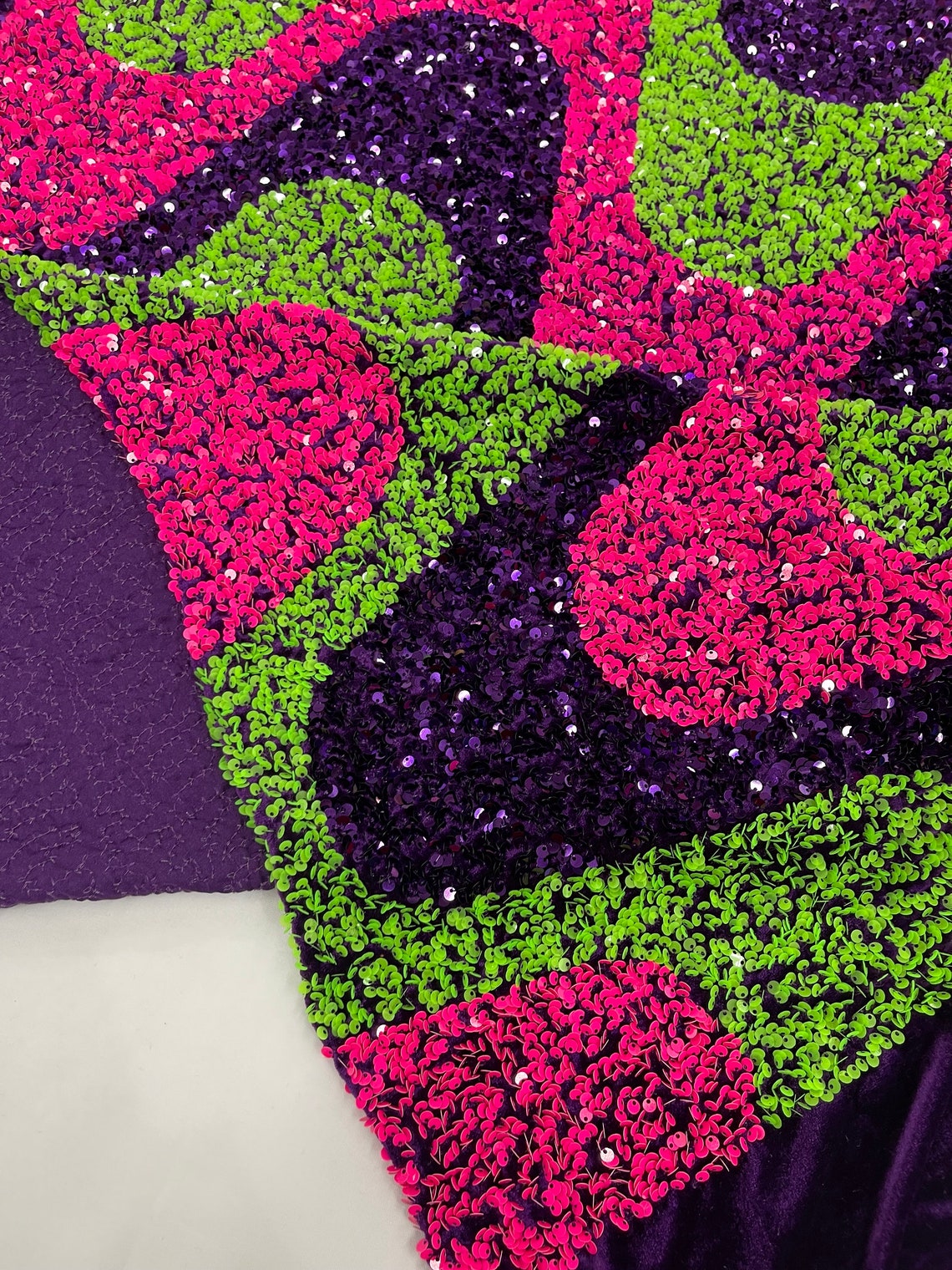 WAVE SEQUIN VELVET - Wave Design  Stretch Velvet All Over 5mm Shining Sequins 2 Way Stretch - HOT PINK/PURPLE/GREEN - Sold By The Yard.- For Fashion Dress Evening Dress Prom Quinceanera