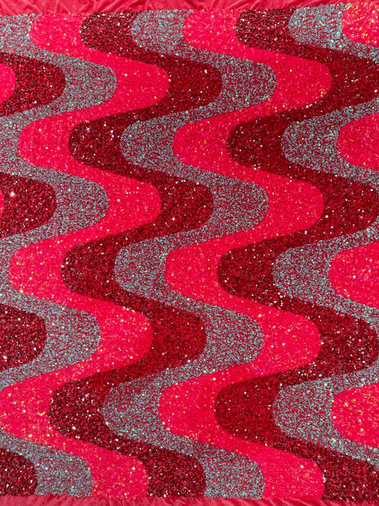 WAVE SEQUIN VELVET - Wave Design  Stretch Velvet All Over 5mm Shining Sequins 2 Way Stretch - HOT PINK/AQUA /FUCHSIA - Sold By The Yard.- For Fashion Dress Evening Dress Prom Quinceanera