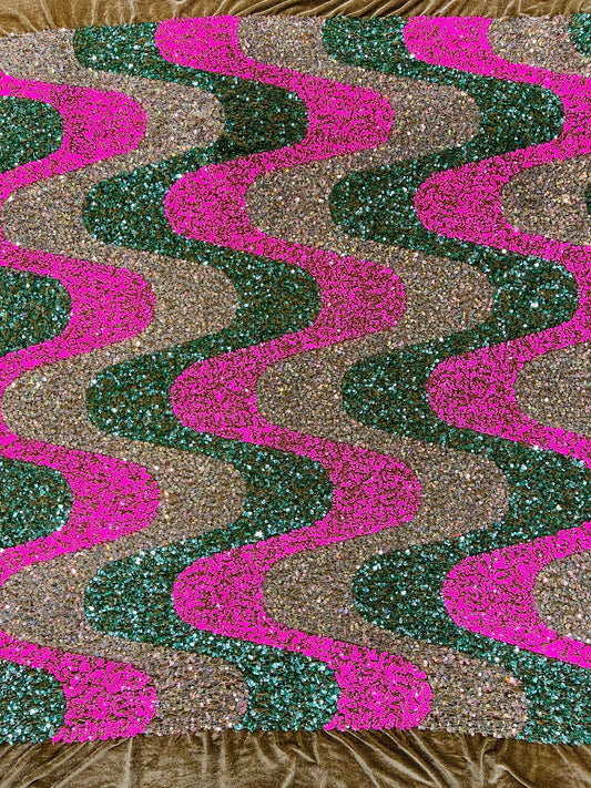 WAVE SEQUIN VELVET - Wave Design  Stretch Velvet All Over 5mm Shining Sequins 2 Way Stretch - HOT PINK/SAGE/CLEAR - Sold By The Yard.- For Fashion Dress Evening Dress Prom Quinceanera