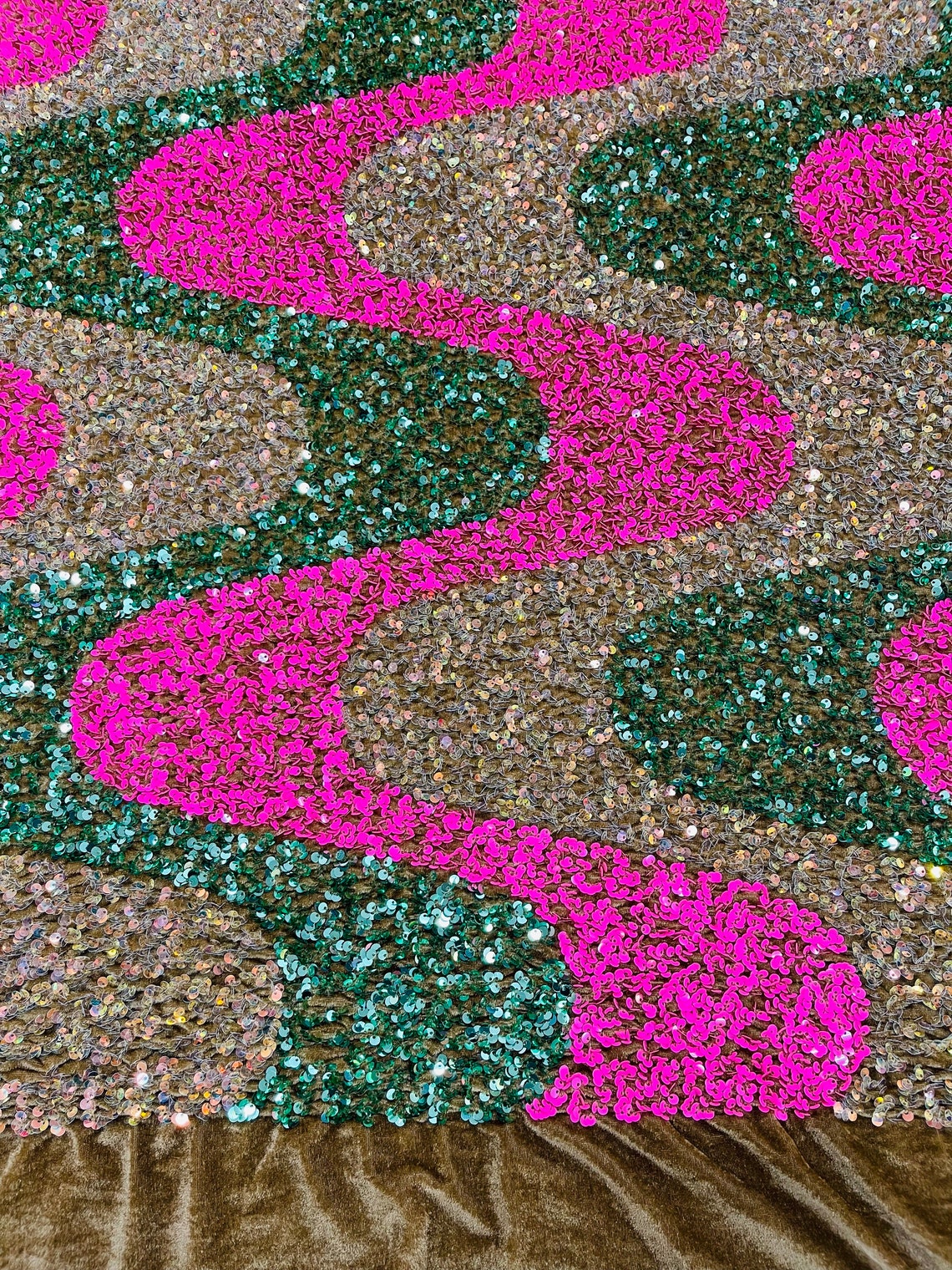 WAVE SEQUIN VELVET - Wave Design  Stretch Velvet All Over 5mm Shining Sequins 2 Way Stretch - HOT PINK/SAGE/CLEAR - Sold By The Yard.- For Fashion Dress Evening Dress Prom Quinceanera