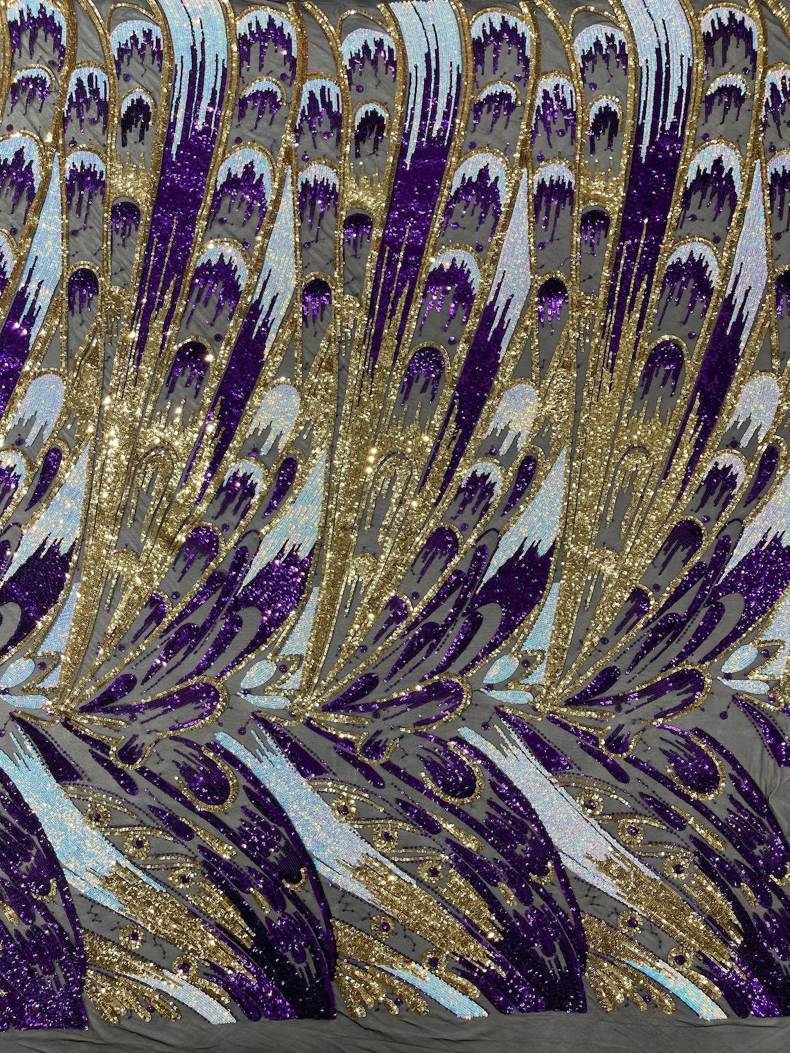 FEATHER - Luxury Fashion Design with Sequins Embroider on a 4 Way Stretch Mesh Fabric-Sold by The Yard. Purple/Gold/Aqua