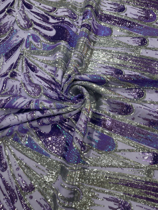 FEATHER - Luxury Fashion Design with Sequins Embroider on a 4 Way Stretch Mesh Fabric-Sold by The Yard. Lavender/Silver/Lilac