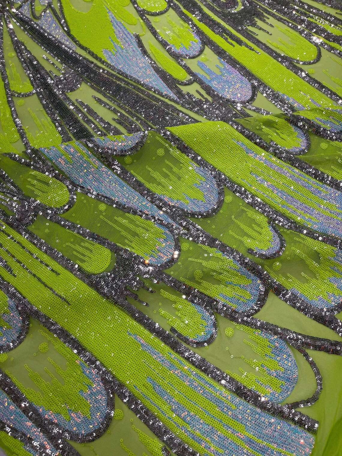 FEATHER - Luxury Fashion Design with Sequins Embroider on a 4 Way Stretch Mesh Fabric-Sold by The Yard. Neon Green/Silver/Aqua