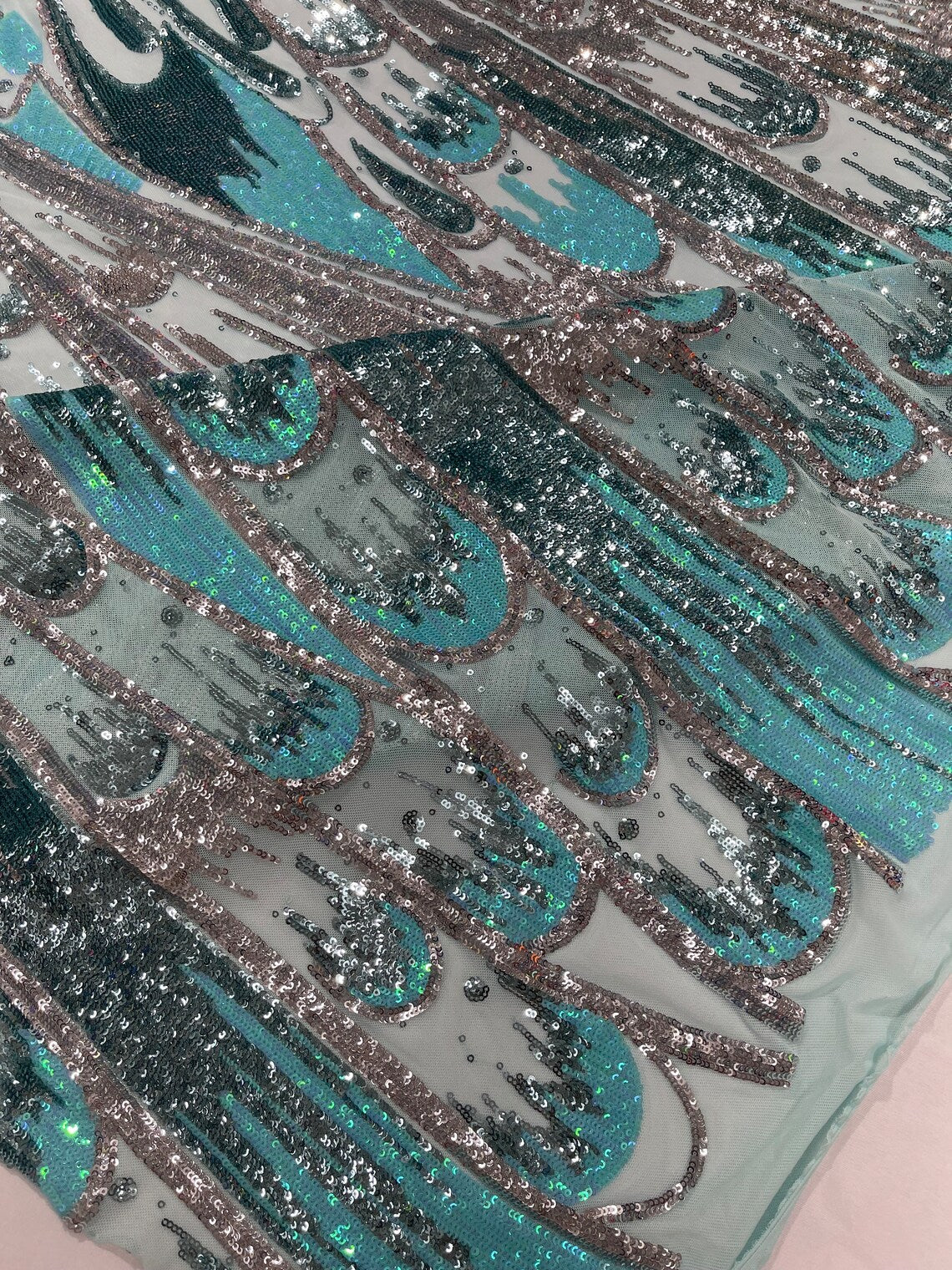 FEATHER - Luxury Fashion Design with Sequins Embroider on a 4 Way Stretch Mesh Fabric-Sold by The Yard. Mint/Silver/Aqua