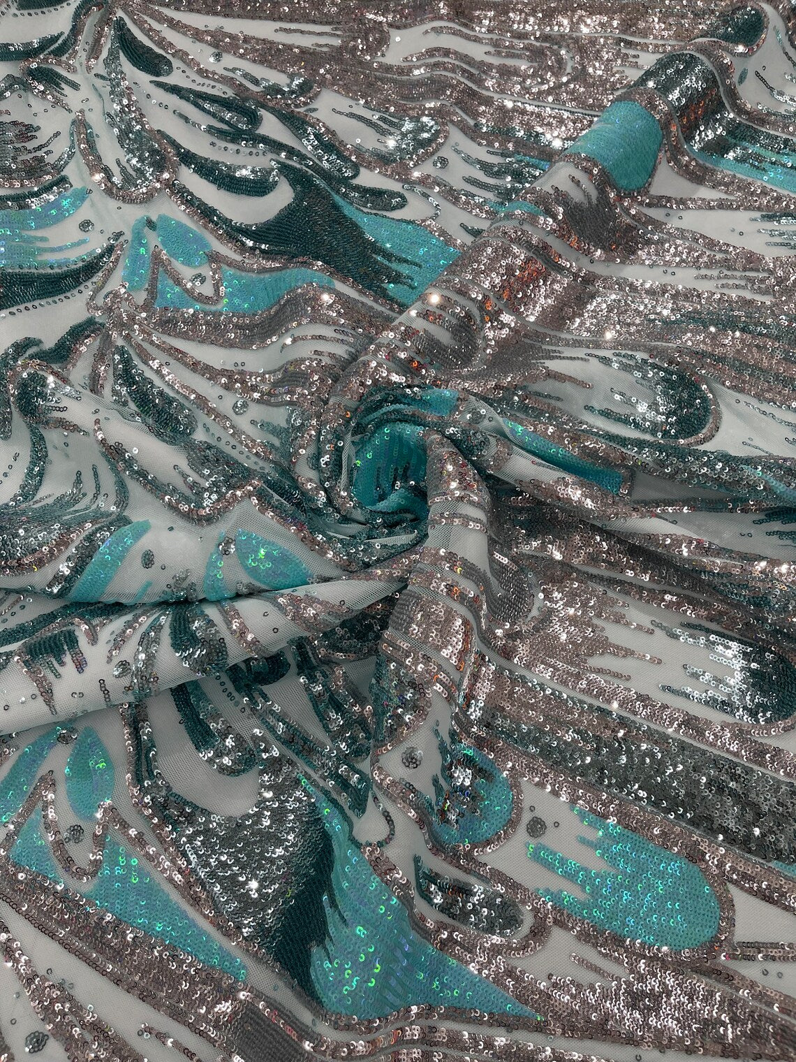 FEATHER - Luxury Fashion Design with Sequins Embroider on a 4 Way Stretch Mesh Fabric-Sold by The Yard. Mint/Silver/Aqua