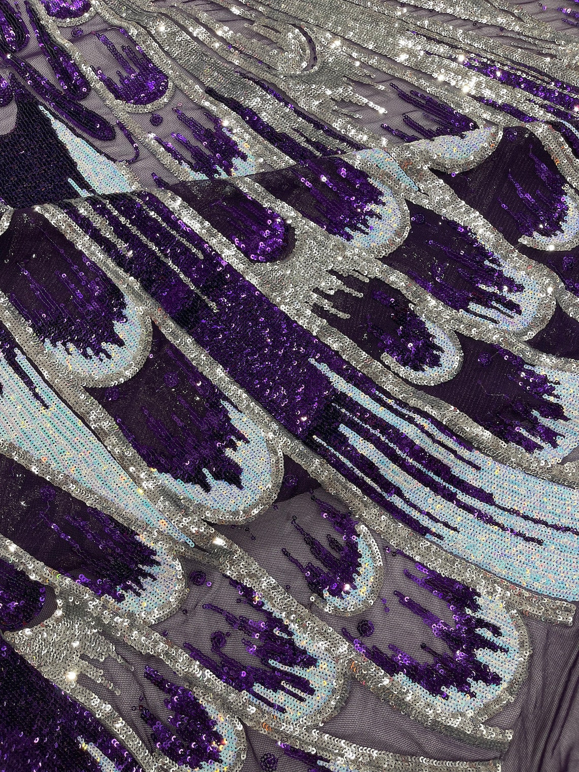 FEATHER - Luxury Fashion Design with Sequins Embroider on a 4 Way Stretch Mesh Fabric-Sold by The Yard. Dk Purple/Silver/Aqua