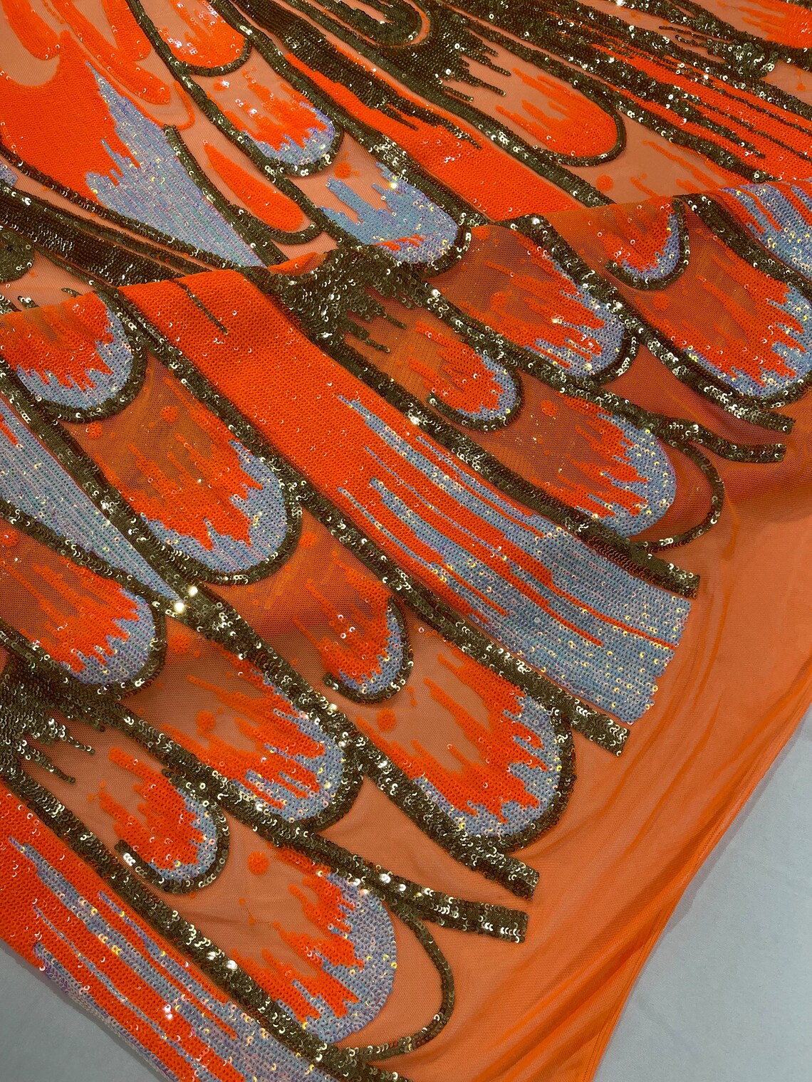 FEATHER - Luxury Fashion Design with Sequins Embroider on a 4 Way Stretch Mesh Fabric-Sold by The Yard. Neon Orange/Gold/Aqua