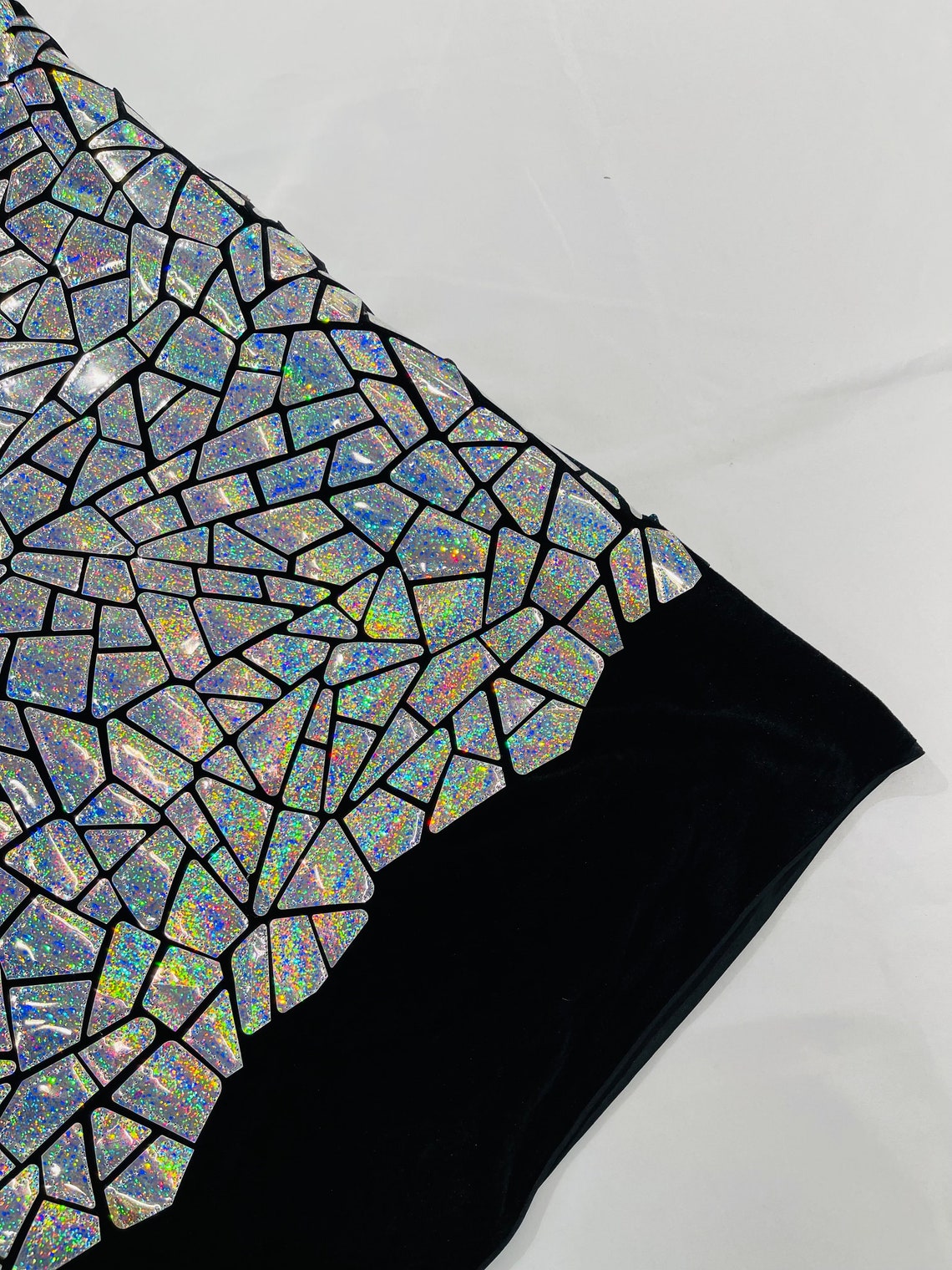 METALLIC DIAMOND - Metallic Sequins Velvet Fabric - Black Stretch Velvet - HOLOGRAM - By The Yard. SILVER