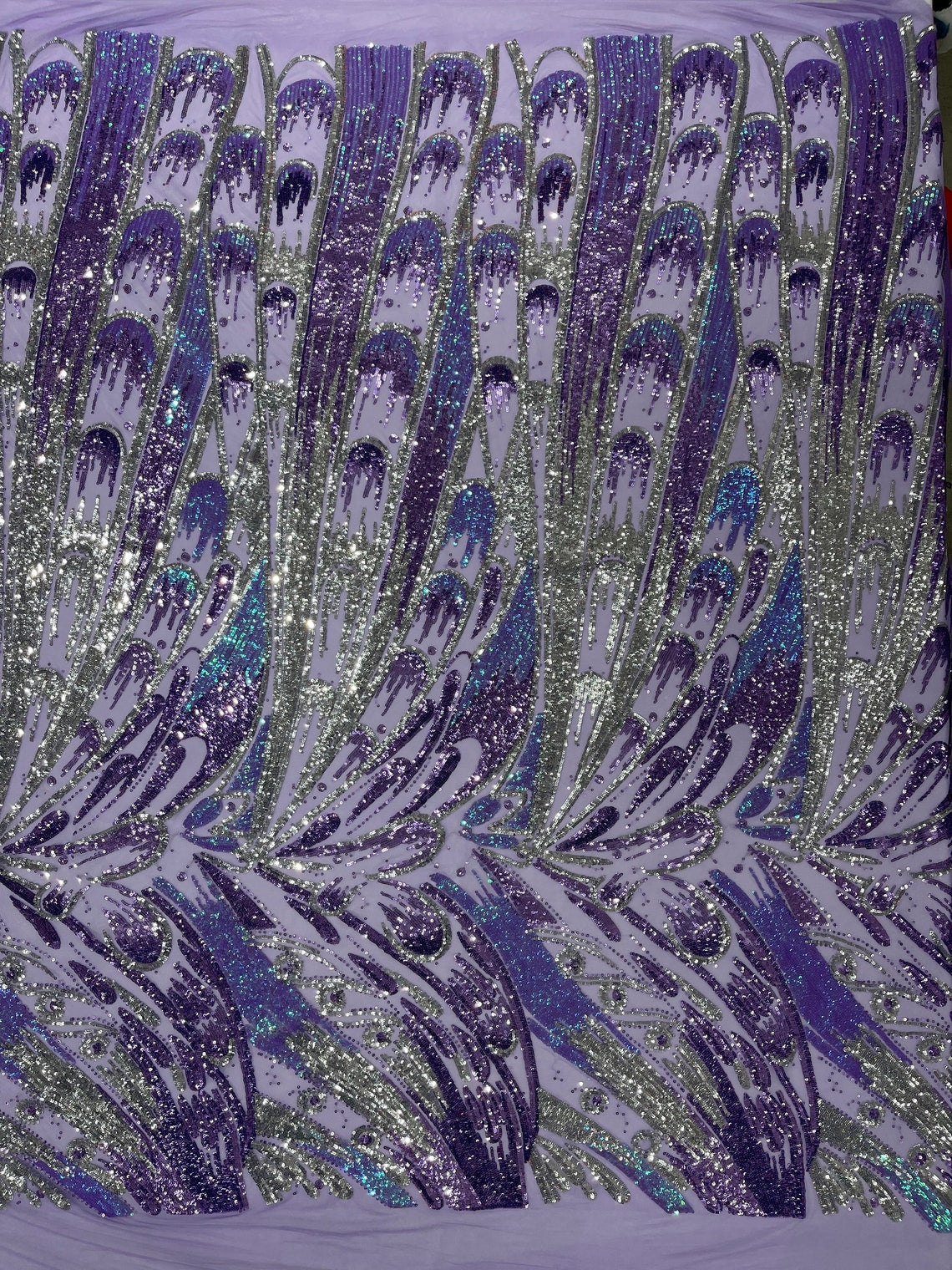 FEATHER - Luxury Fashion Design with Sequins Embroider on a 4 Way Stretch Mesh Fabric-Sold by The Yard. Lavender/Silver/Lilac