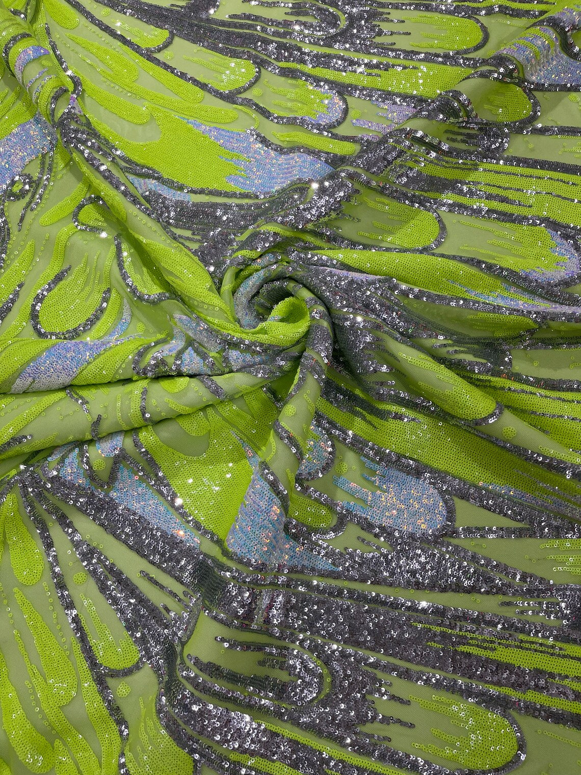 FEATHER - Luxury Fashion Design with Sequins Embroider on a 4 Way Stretch Mesh Fabric-Sold by The Yard. Neon Green/Silver/Aqua