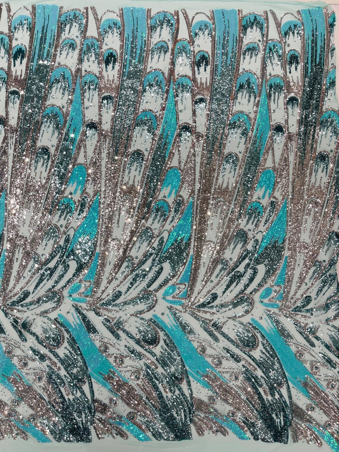 FEATHER - Luxury Fashion Design with Sequins Embroider on a 4 Way Stretch Mesh Fabric-Sold by The Yard. Mint/Silver/Aqua