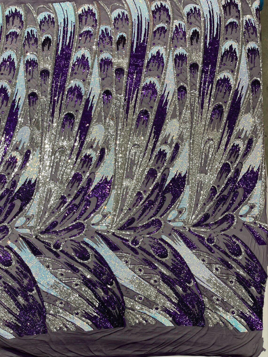 FEATHER - Luxury Fashion Design with Sequins Embroider on a 4 Way Stretch Mesh Fabric-Sold by The Yard. Dk Purple/Silver/Aqua