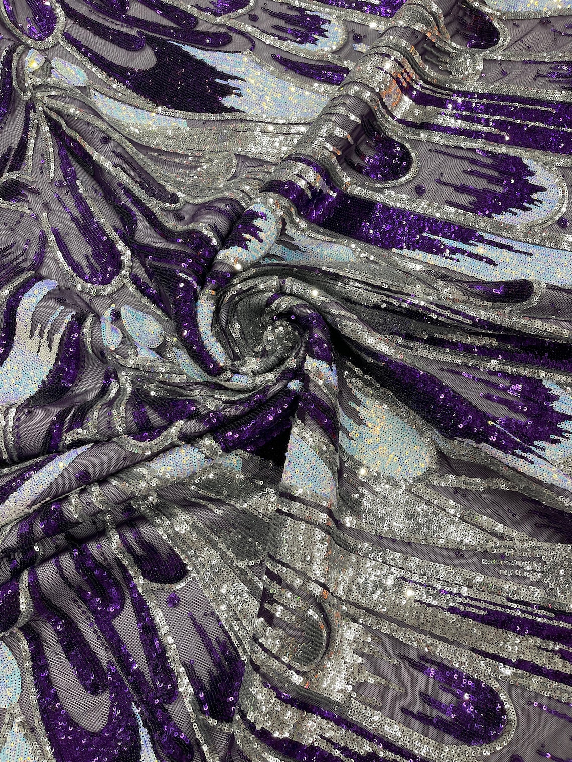 FEATHER - Luxury Fashion Design with Sequins Embroider on a 4 Way Stretch Mesh Fabric-Sold by The Yard. Dk Purple/Silver/Aqua