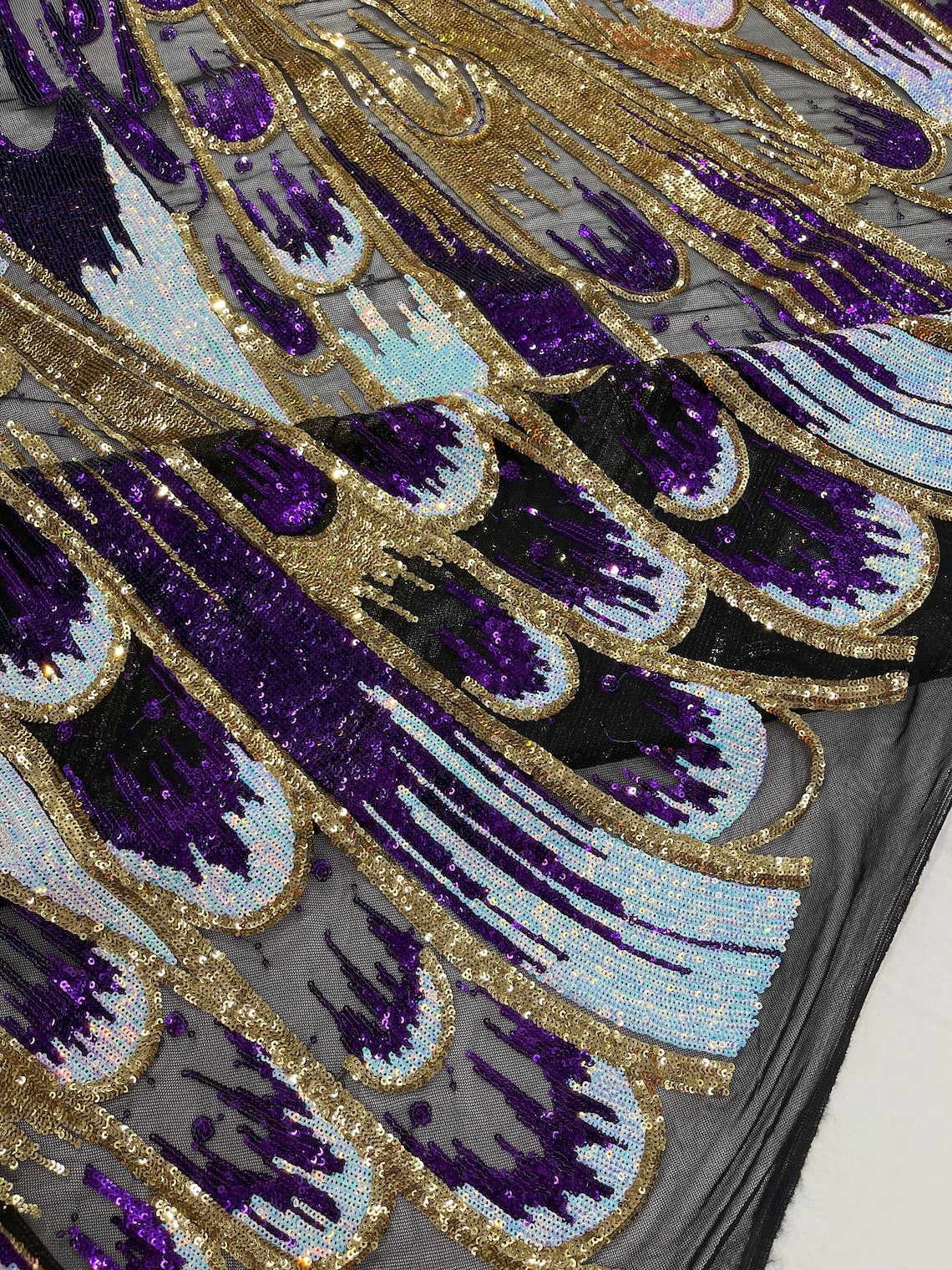 FEATHER - Luxury Fashion Design with Sequins Embroider on a 4 Way Stretch Mesh Fabric-Sold by The Yard. Purple/Gold/Aqua