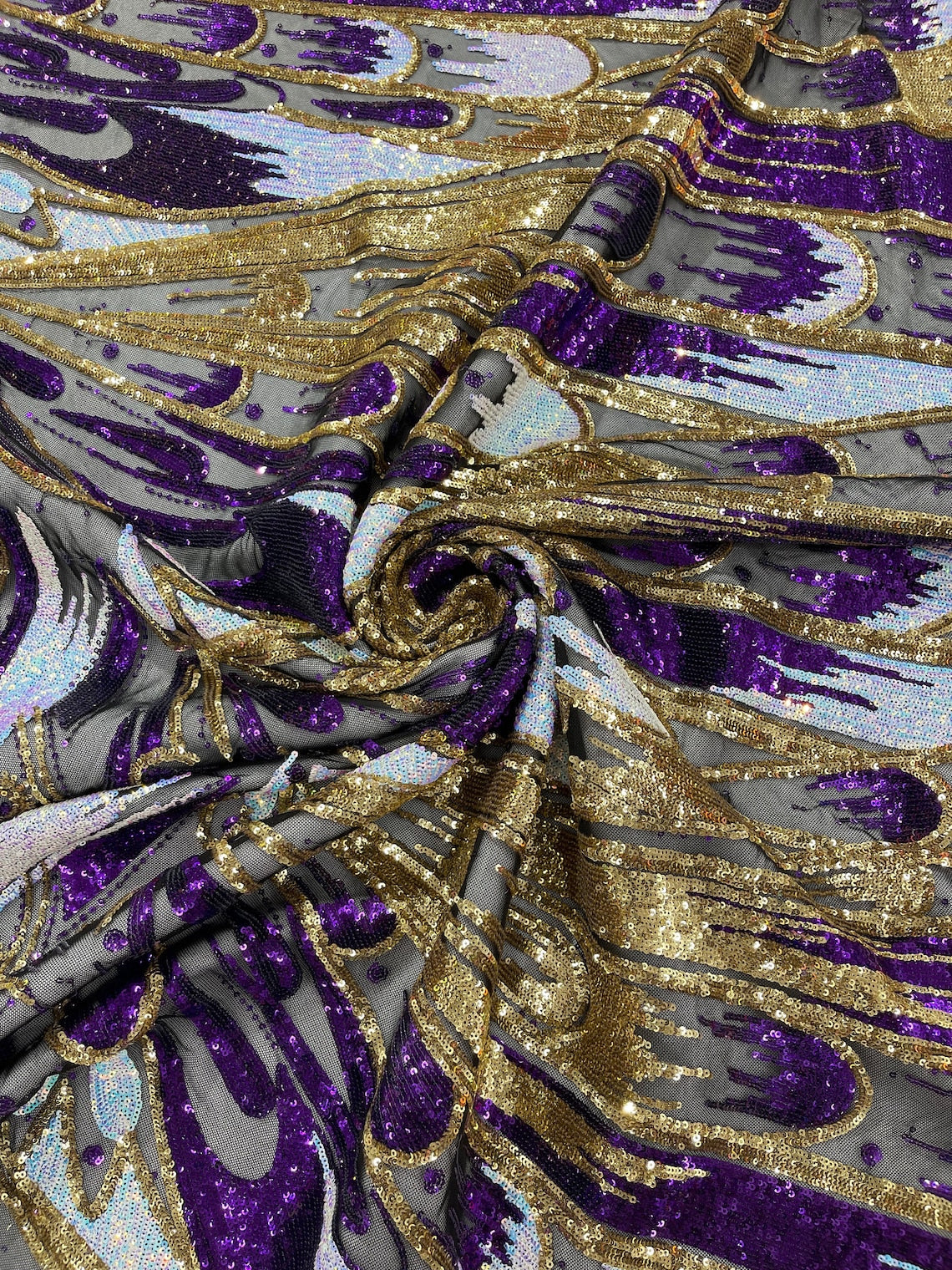 FEATHER - Luxury Fashion Design with Sequins Embroider on a 4 Way Stretch Mesh Fabric-Sold by The Yard. Purple/Gold/Aqua