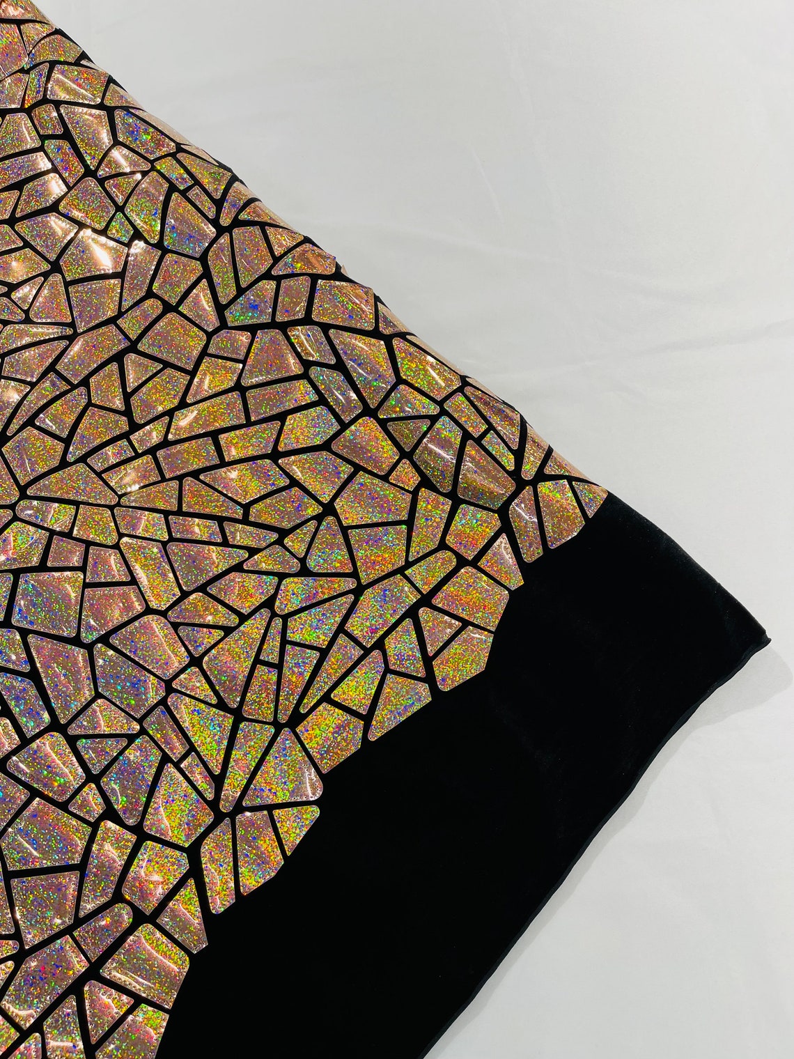 METALLIC DIAMOND - Metallic Sequins Velvet Fabric - Black Stretch Velvet - HOLOGRAM - By The Yard. ROSE GOLD