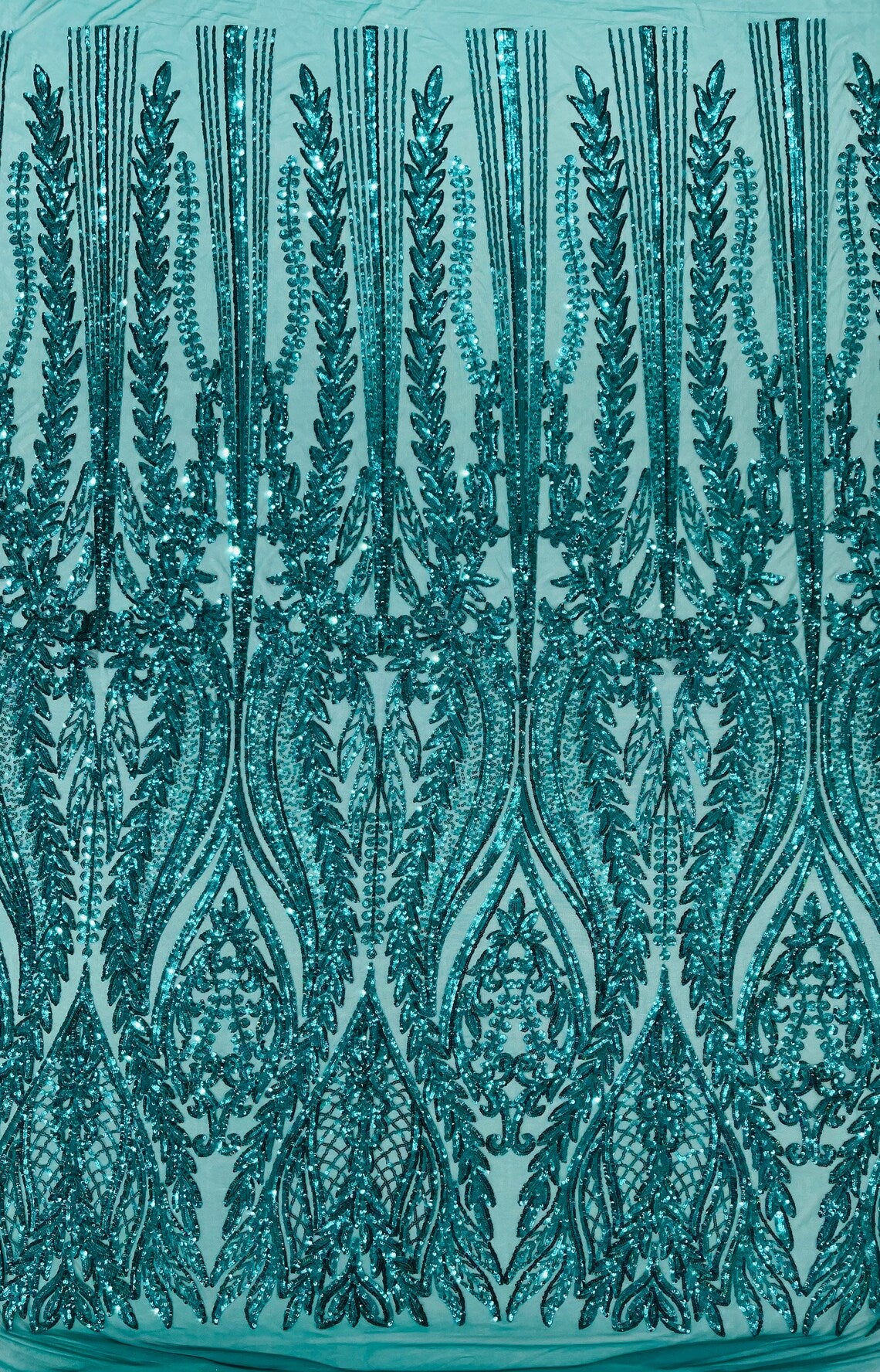 TEAL GREEN - Top Fashion Branch Design with Sequins Embroider on a 4 Way Stretch Mesh Fabric-Sold by The Yard.