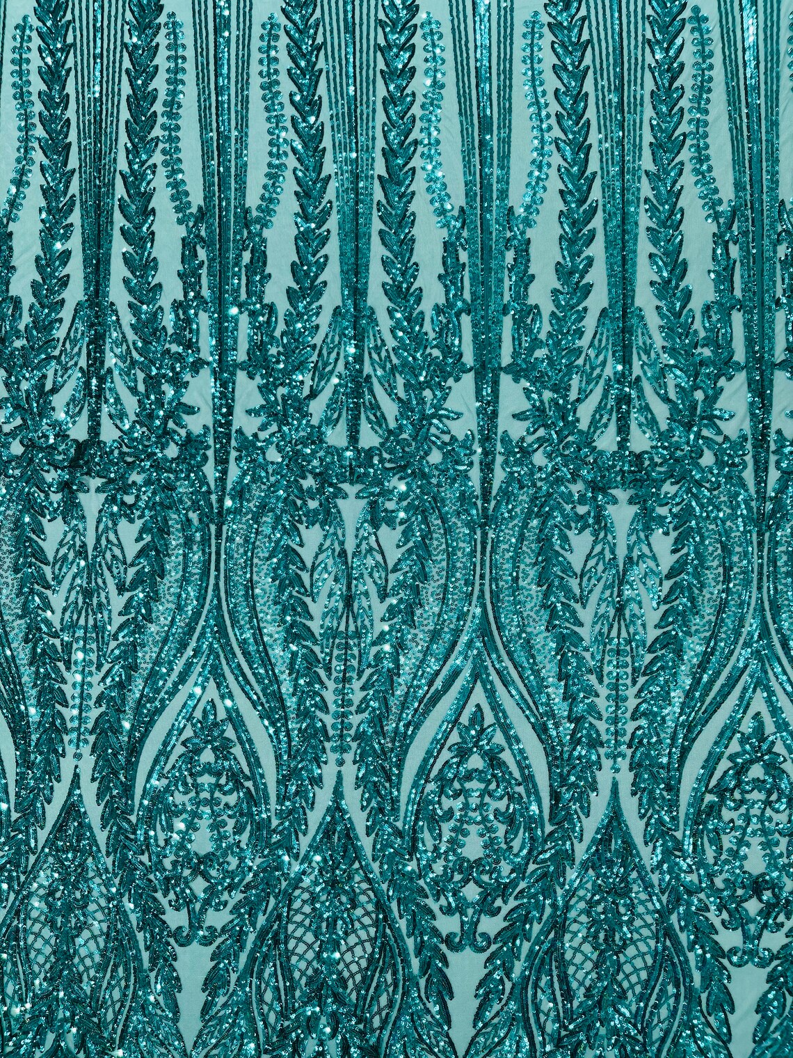 TEAL GREEN - Top Fashion Branch Design with Sequins Embroider on a 4 Way Stretch Mesh Fabric-Sold by The Yard.