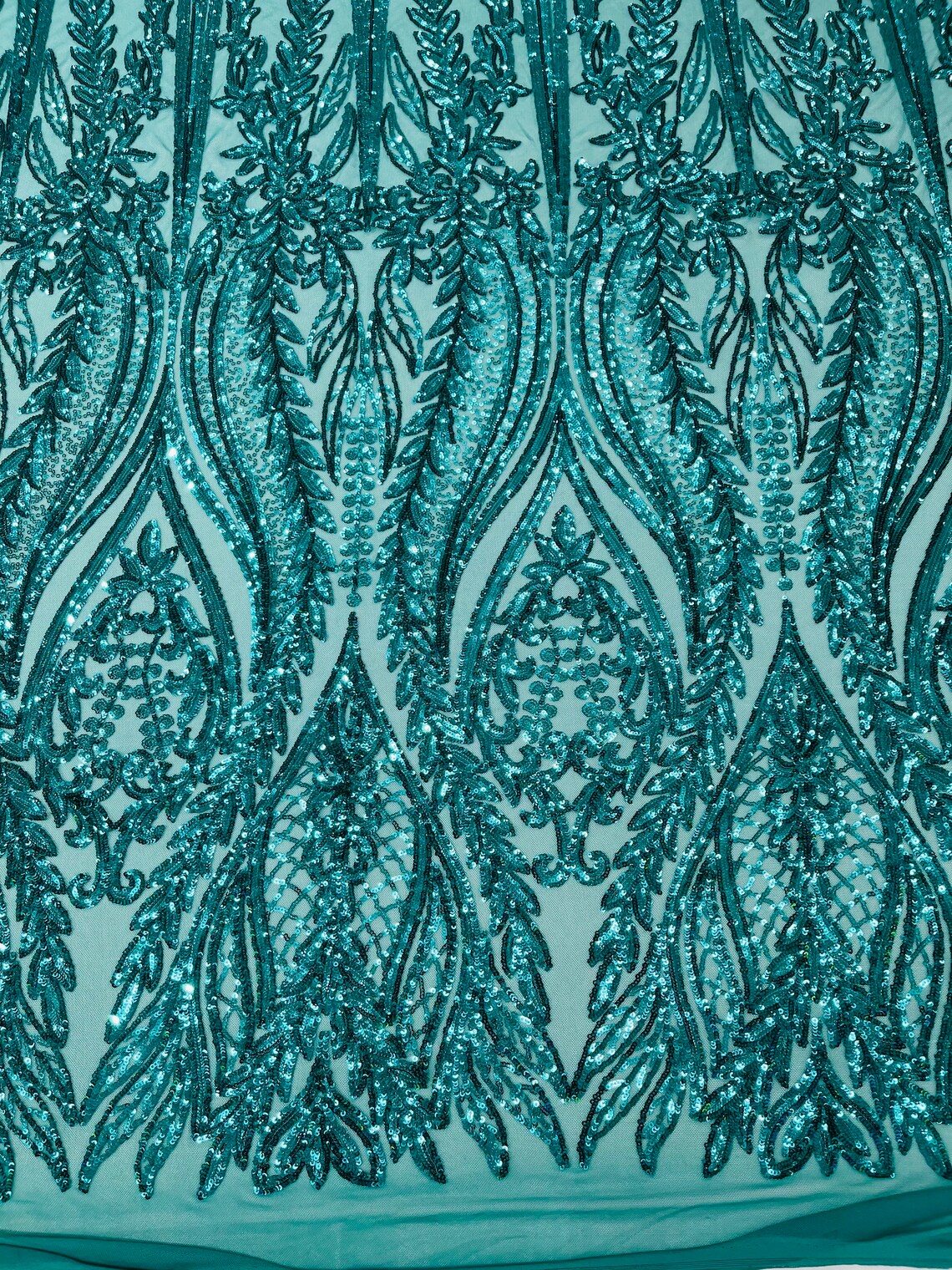 TEAL GREEN - Top Fashion Branch Design with Sequins Embroider on a 4 Way Stretch Mesh Fabric-Sold by The Yard.