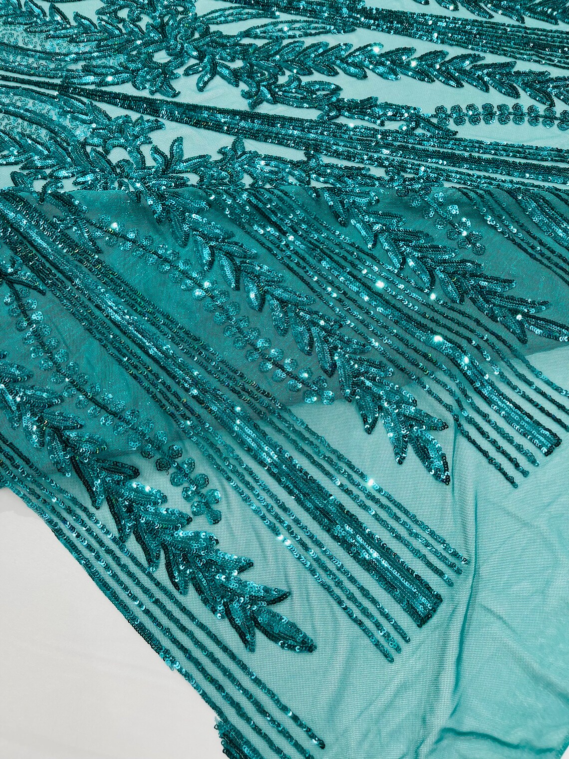 TEAL GREEN - Top Fashion Branch Design with Sequins Embroider on a 4 Way Stretch Mesh Fabric-Sold by The Yard.