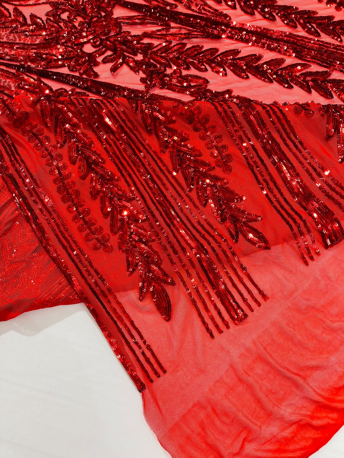 RED - Top Fashion Branch Design with Sequins Embroider on a 4 Way Stretch Mesh Fabric-Sold by The Yard.