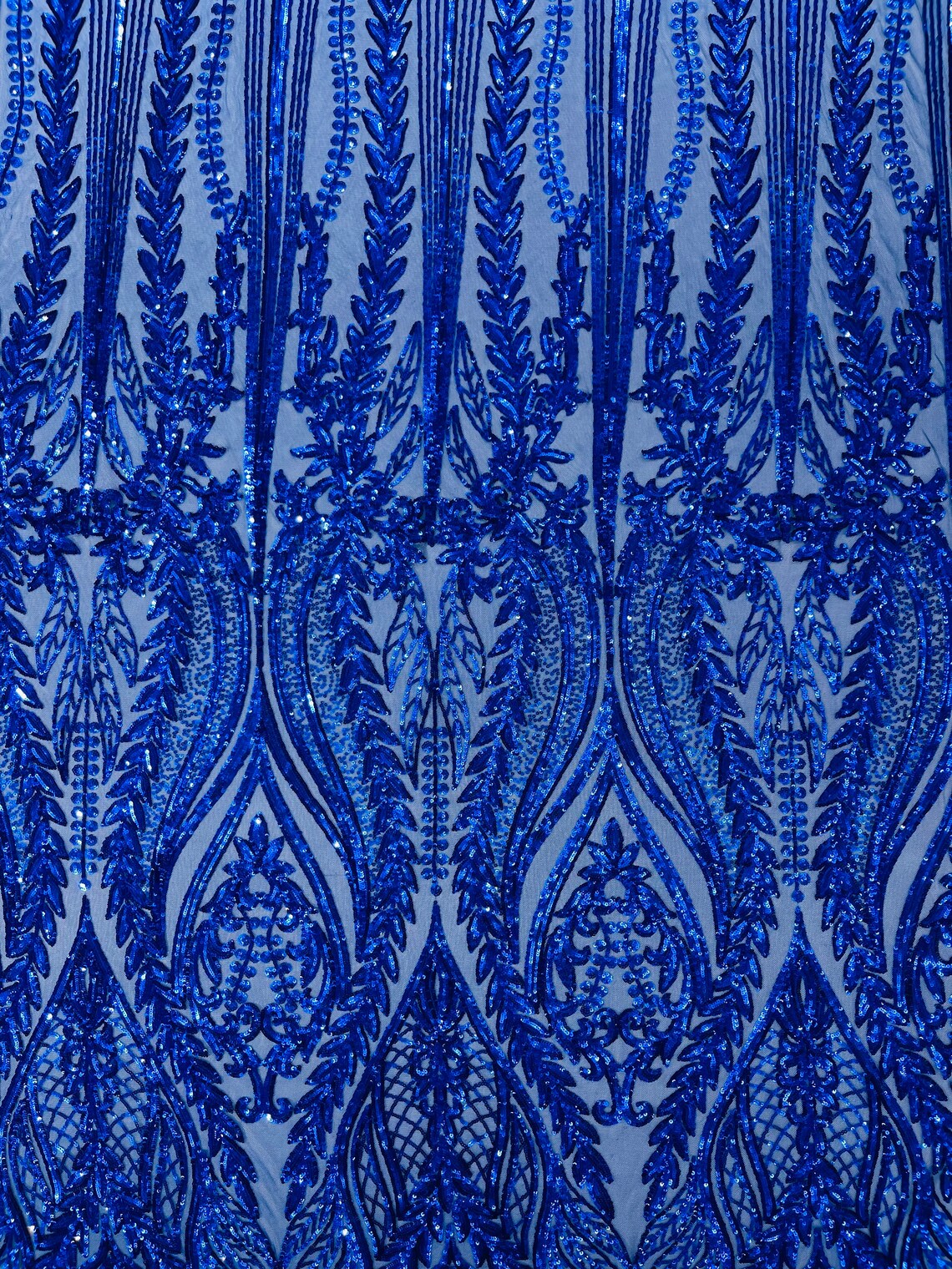 ROYAL BLUE - Top Fashion Branch Design with Sequins Embroider on a 4 Way Stretch Mesh Fabric-Sold by The Yard.