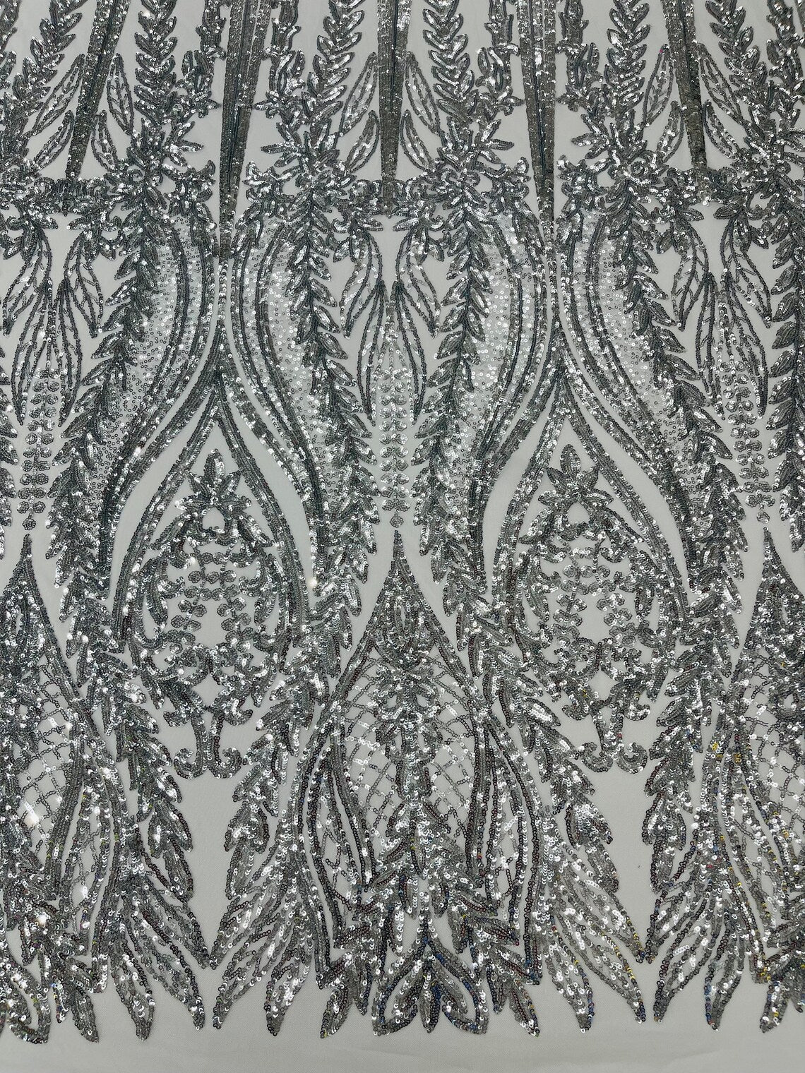 SILVER - Top Fashion Branch Design with Sequins Embroider on a 4 Way Stretch Mesh Fabric-Sold by The Yard.