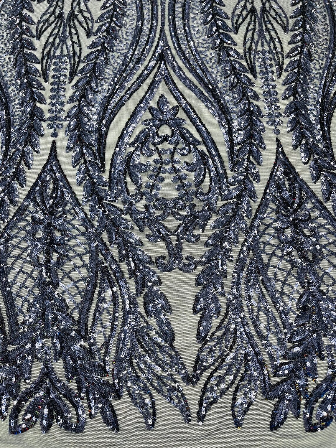 NAVY BLUE - Top Fashion Branch Design with Sequins Embroider on a 4 Way Stretch Mesh Fabric-Sold by The Yard.