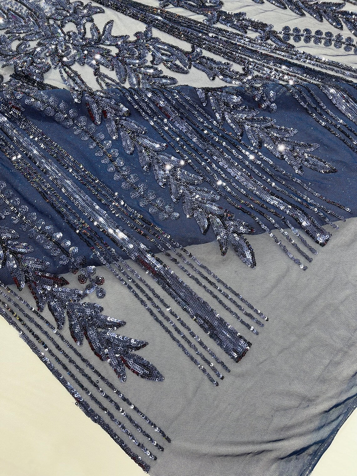 NAVY BLUE - Top Fashion Branch Design with Sequins Embroider on a 4 Way Stretch Mesh Fabric-Sold by The Yard.