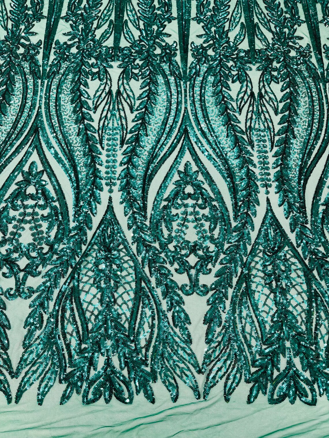 EMERALD GREEN - Top Fashion Branch Design with Sequins Embroider on a 4 Way Stretch Mesh Fabric-Sold by The Yard.