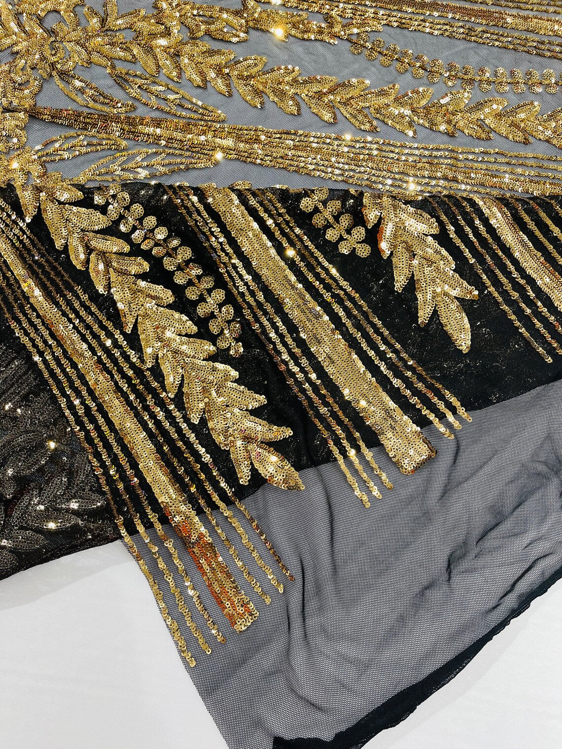 GOLD/BLACK - Top Fashion Branch Design with Sequins Embroider on a 4 Way Stretch Mesh Fabric-Sold by The Yard.