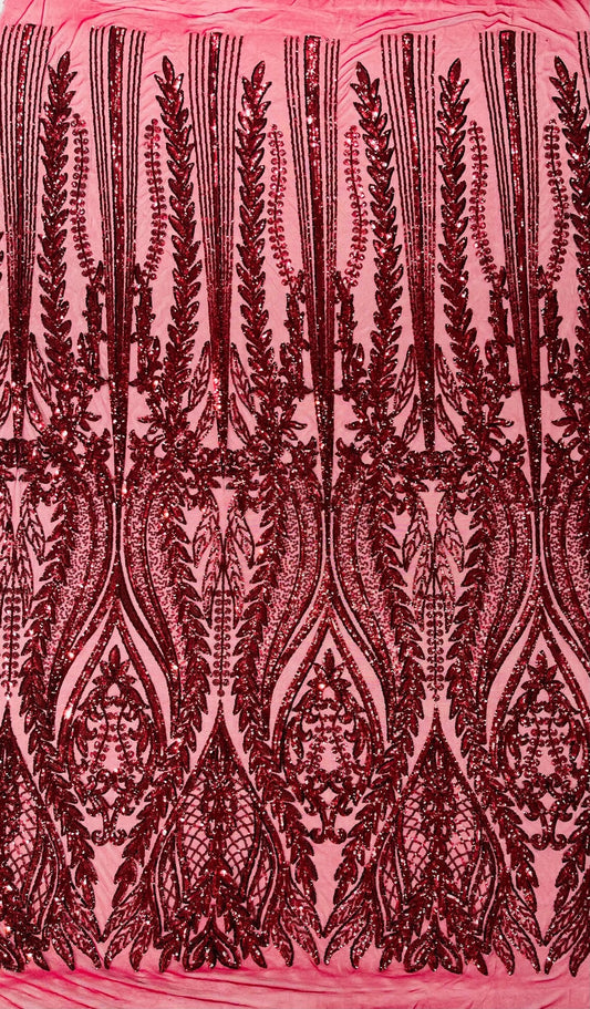 BURGUNDY - Top Fashion Branch Design with Sequins Embroider on a 4 Way Stretch Mesh Fabric-Sold by The Yard.