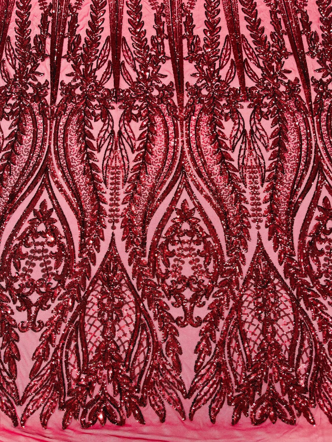 BURGUNDY - Top Fashion Branch Design with Sequins Embroider on a 4 Way Stretch Mesh Fabric-Sold by The Yard.