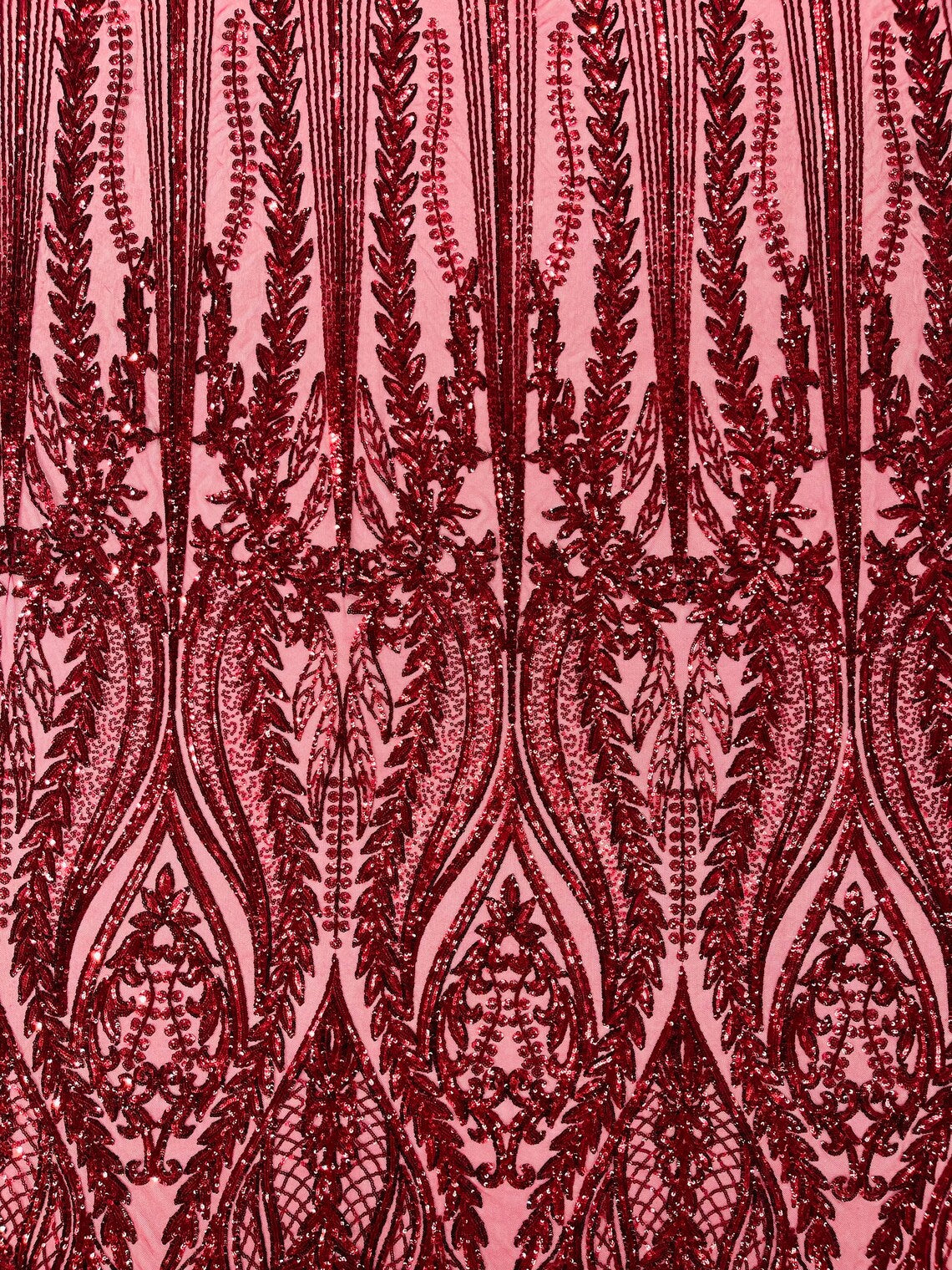 BURGUNDY - Top Fashion Branch Design with Sequins Embroider on a 4 Way Stretch Mesh Fabric-Sold by The Yard.