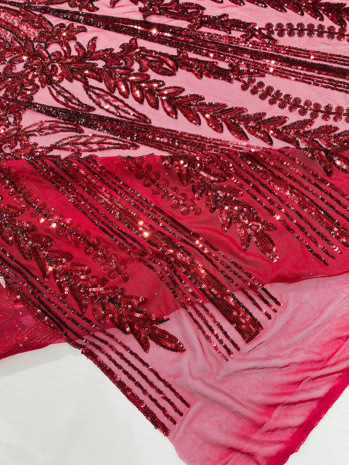 BURGUNDY - Top Fashion Branch Design with Sequins Embroider on a 4 Way Stretch Mesh Fabric-Sold by The Yard.