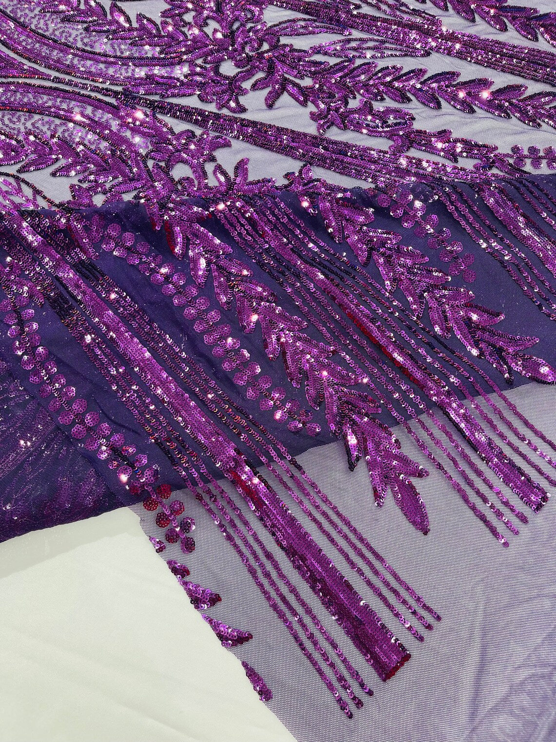 DK PURPLE - Top Fashion Branch Design with Sequins Embroider on a 4 Way Stretch Mesh Fabric-Sold by The Yard.