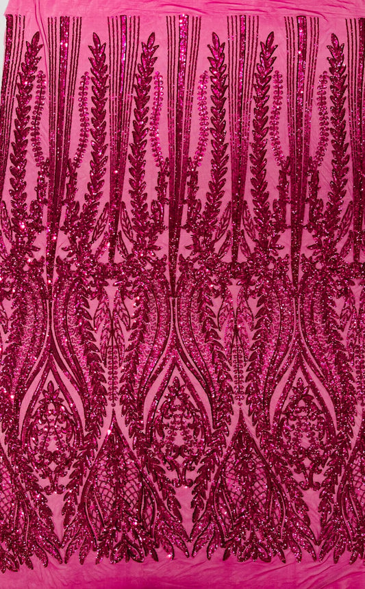 FUCHSIA - Top Fashion Branch Design with Sequins Embroider on a 4 Way Stretch Mesh Fabric-Sold by The Yard.