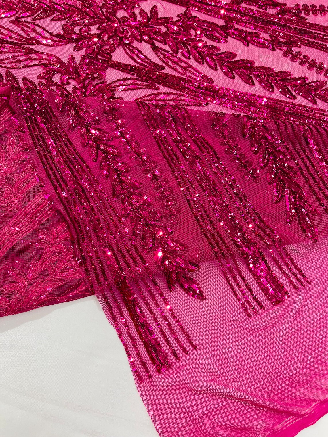 FUCHSIA - Top Fashion Branch Design with Sequins Embroider on a 4 Way Stretch Mesh Fabric-Sold by The Yard.