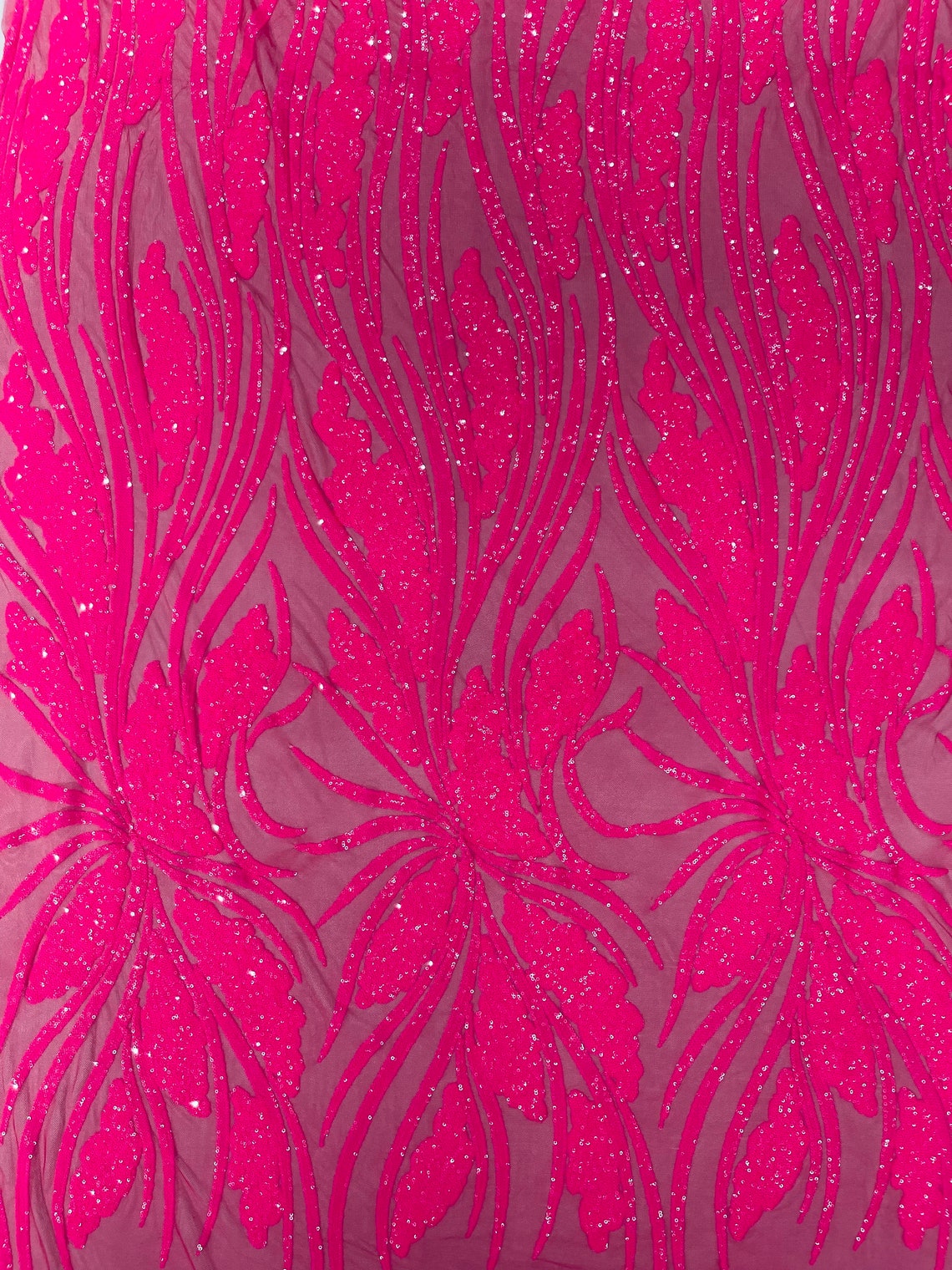 HOT PINK - Fashion Branch Design with Sequins Embroider on a 4 Way Stretch Mesh Fabric-Sold by The Yard.