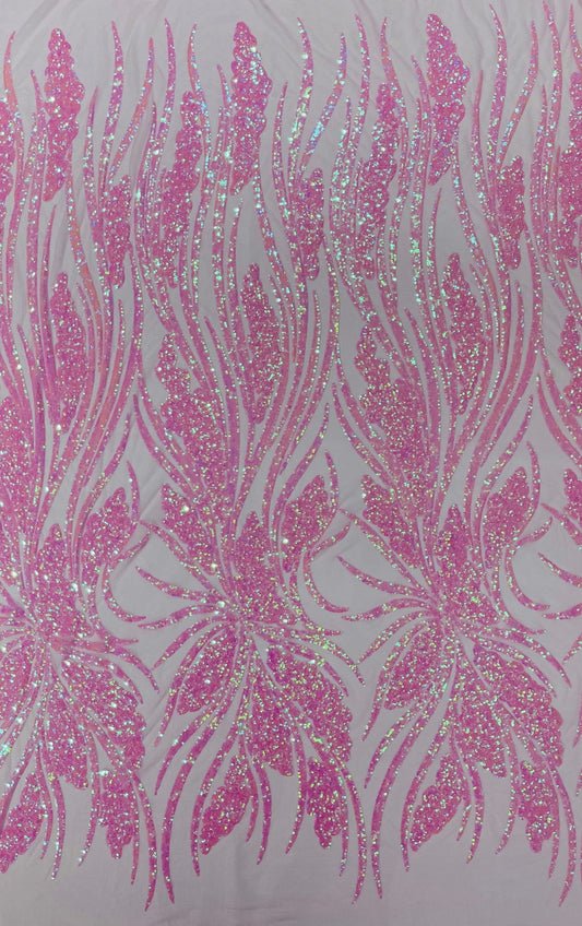 CANDY PINK - Fashion Branch Design with Sequins Embroider on a 4 Way Stretch Mesh Fabric-Sold by The Yard.