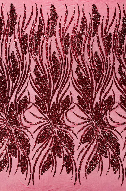 BURGUNDY - Fashion Branch Design with Sequins Embroider on a 4 Way Stretch Mesh Fabric-Sold by The Yard.