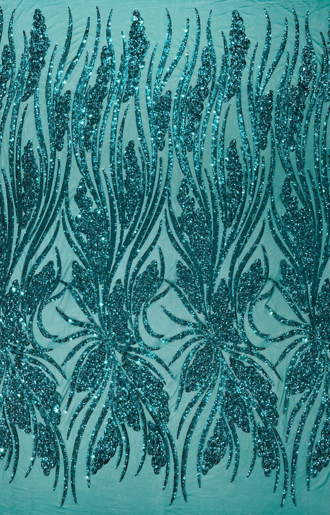 TEAL GREEN - Fashion Branch Design with Sequins Embroider on a 4 Way Stretch Mesh Fabric-Sold by The Yard.