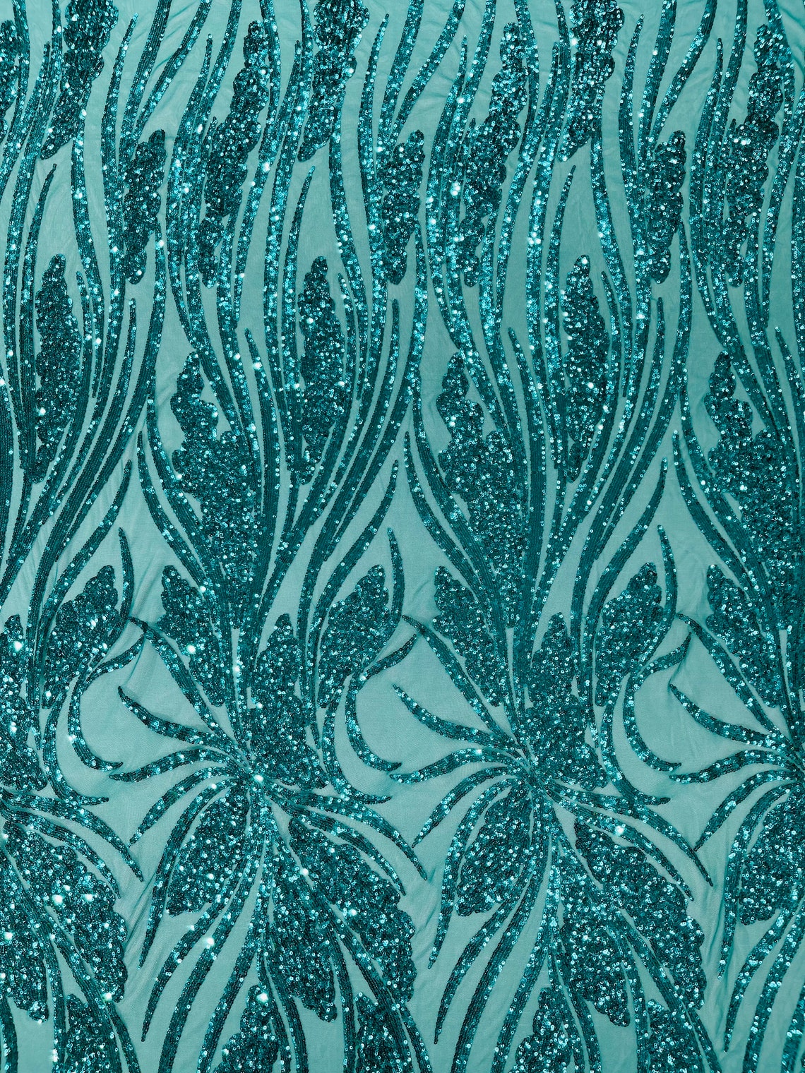 TEAL GREEN - Fashion Branch Design with Sequins Embroider on a 4 Way Stretch Mesh Fabric-Sold by The Yard.