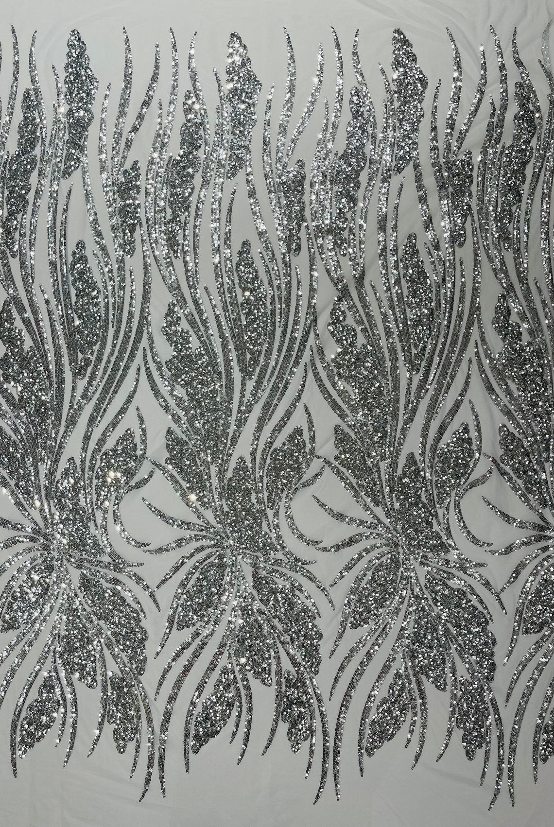 SILVER - Fashion Branch Design with Sequins Embroider on a 4 Way Stretch Mesh Fabric-Sold by The Yard.