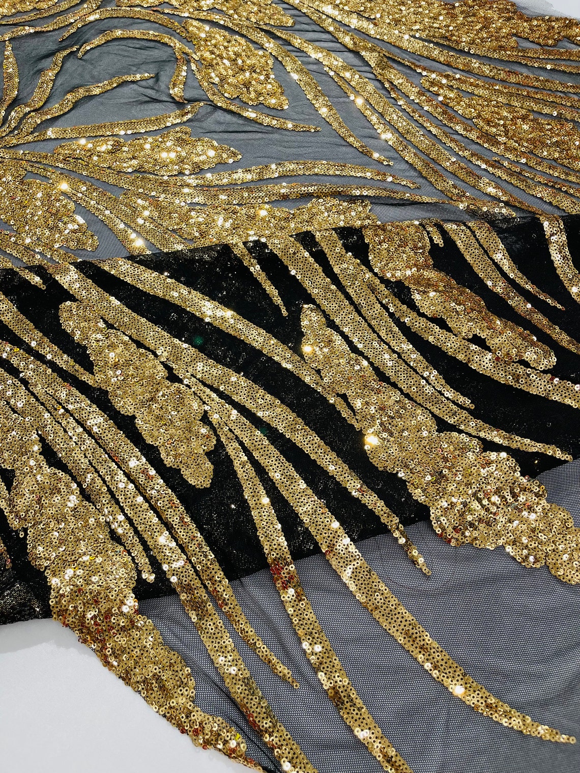 GOLD/BLACK - Fashion Branch Design with Sequins Embroider on a 4 Way Stretch Mesh Fabric-Sold by The Yard.