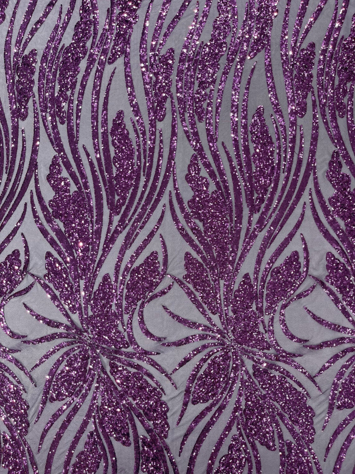 DK PURPLE - Fashion Branch Design with Sequins Embroider on a 4 Way Stretch Mesh Fabric-Sold by The Yard.