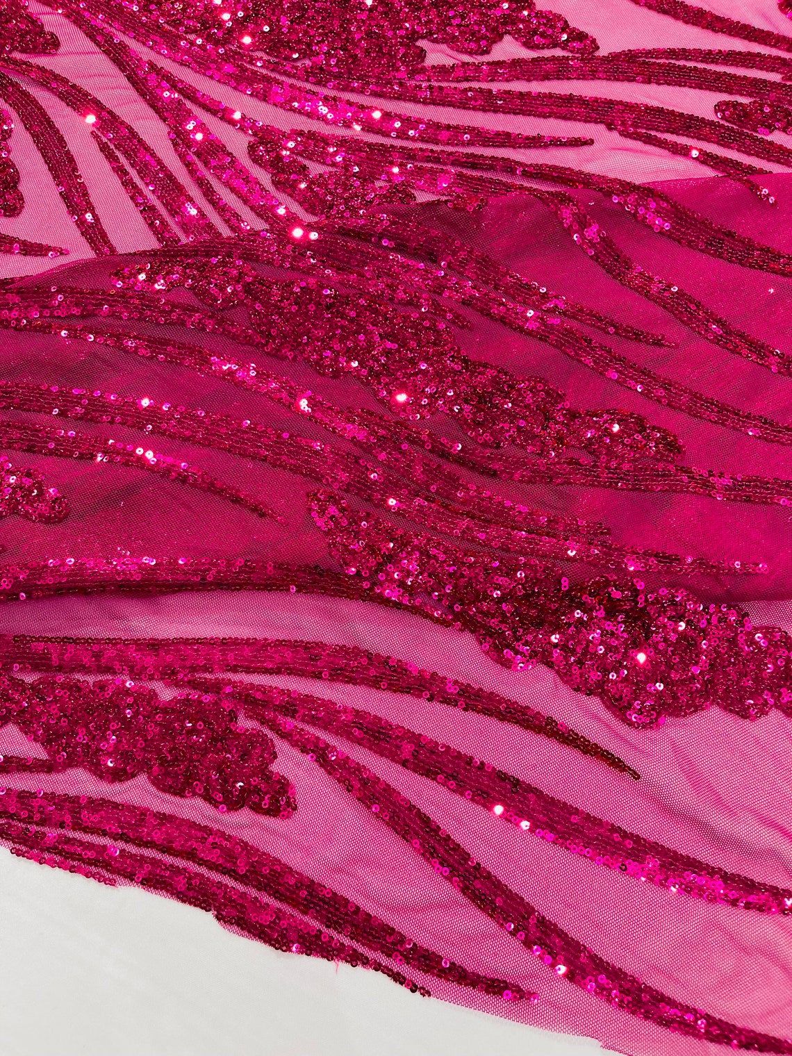 FUCHSIA - Fashion Branch Design with Sequins Embroider on a 4 Way Stretch Mesh Fabric-Sold by The Yard.